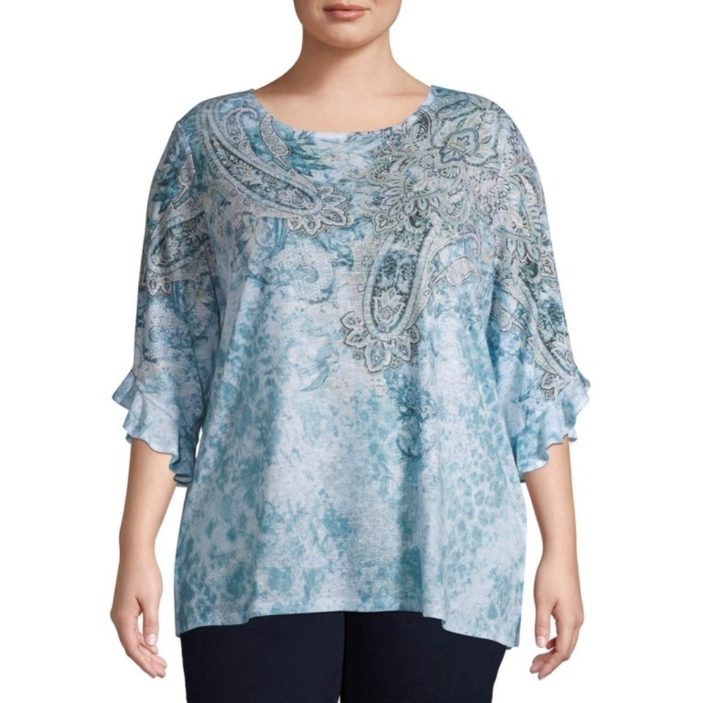 Time and Tru Plus Size Sublimation Ruffle Short‎ Sleeve Paisley Top